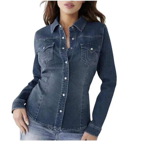 True Religion Western Fitted Pearl Snap Distressed Dark Wash Denim Shirt Lrg NWT - Picture 1 of 9